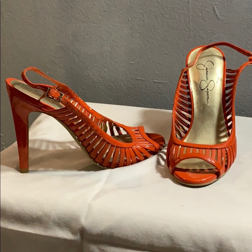 Jessica Simpson orange patent leather sling backs